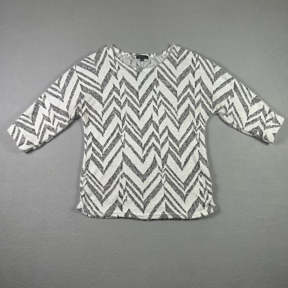 Chances R Shirt  Womens Medium White and Gray Geometric 3/4 Sleeve Sweater
